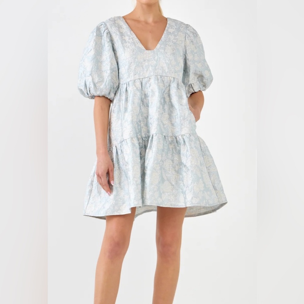 Jacquard Light Blue Puff Sleeve Mini Dress